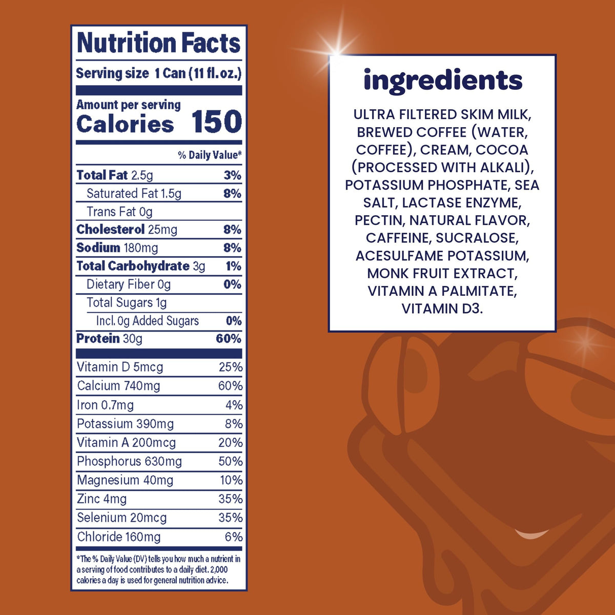 Nurri Mocha protein shake close-up label displays 30g protein and 150 calories per serving.