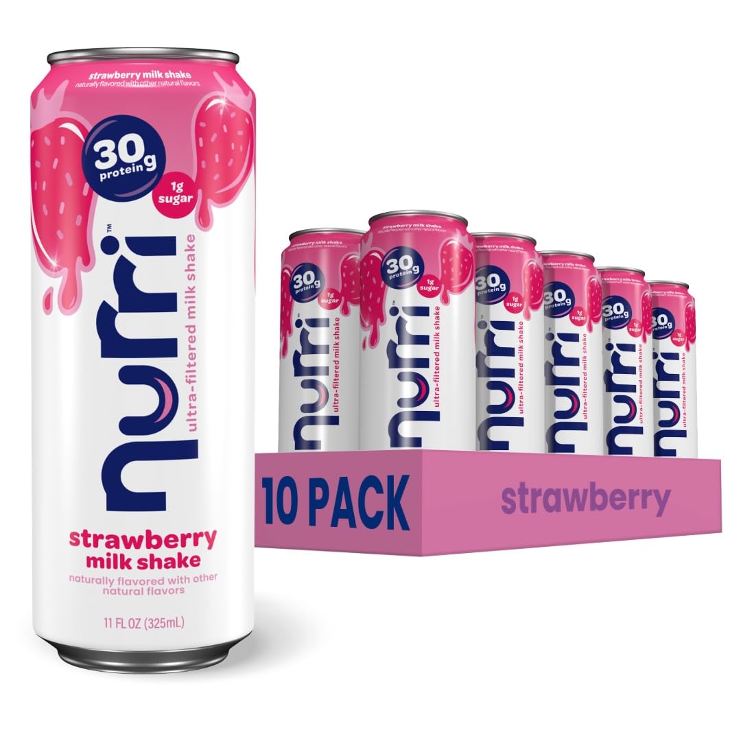 Nurri Strawberry shake can front, ready-to-drink breakfast boost.