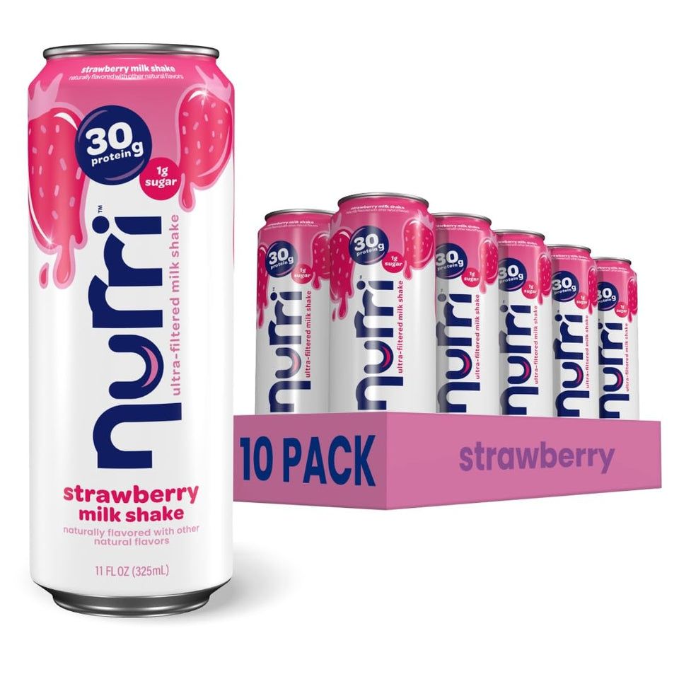 Nurri Strawberry shake can front, ready-to-drink breakfast boost.