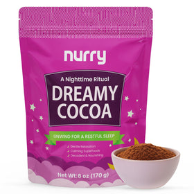 NURRY Nighttime Hot Cocoa packaging highlighting a sugar-free blend for a cozy wind-down.