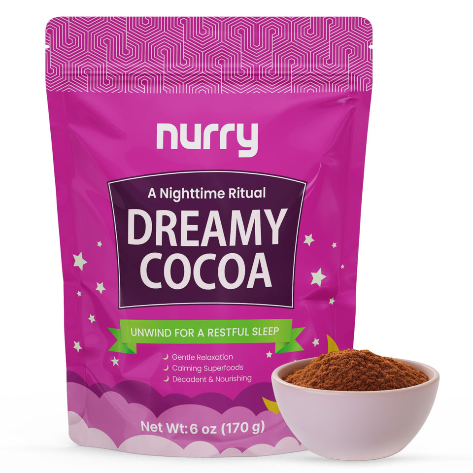 NURRY Nighttime Hot Cocoa packaging highlighting a sugar-free blend for a cozy wind-down.