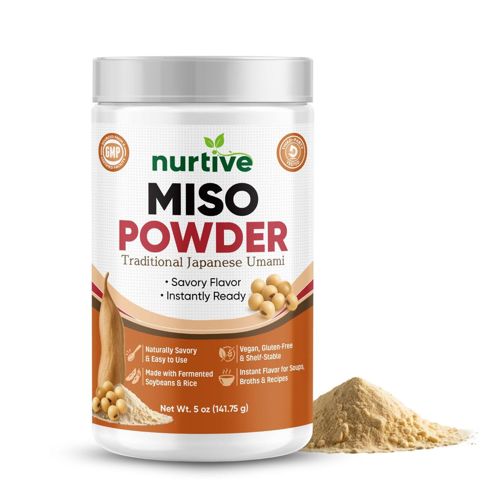 Nurtive Miso Powder jar closeup shows shelf-stable flavor for quick meals