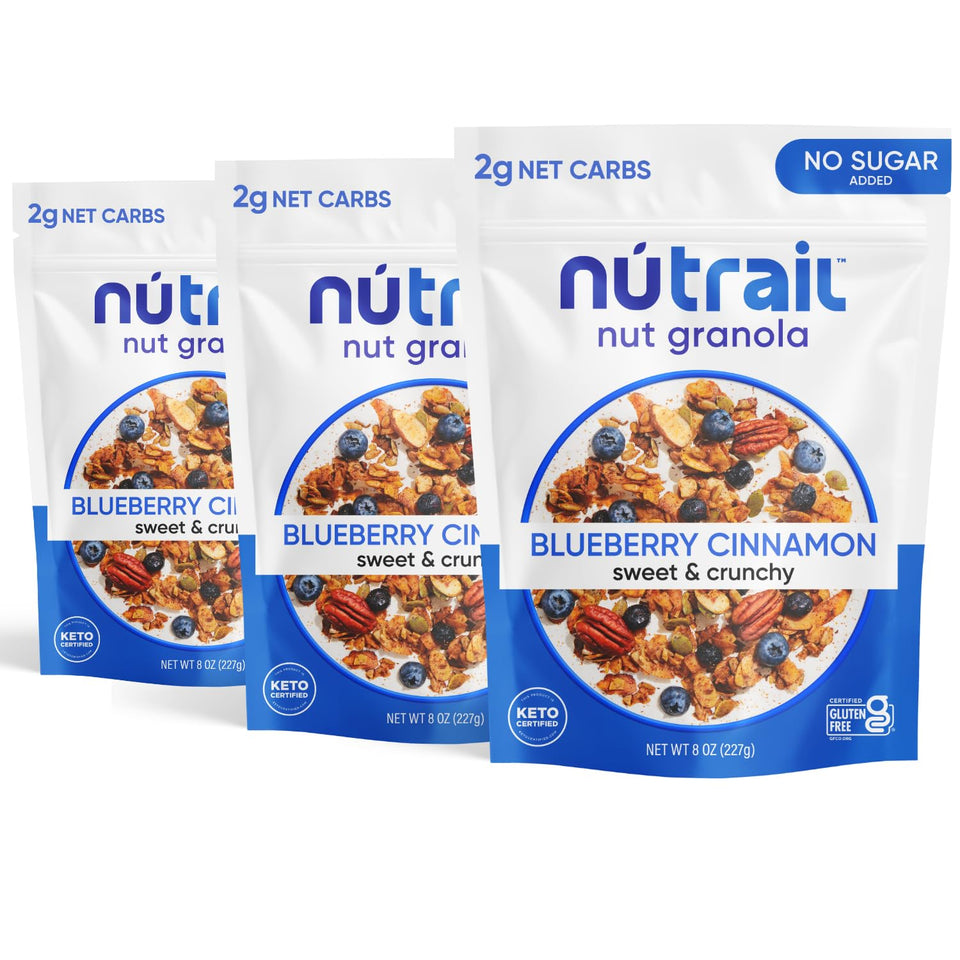 NuTrail Blueberry Cinnamon granola bowl showing a crunchy, fruity breakfast option.