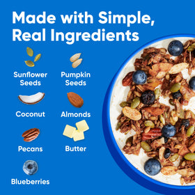 NuTrail granola on milk in a bowl for a low-carb breakfast idea.