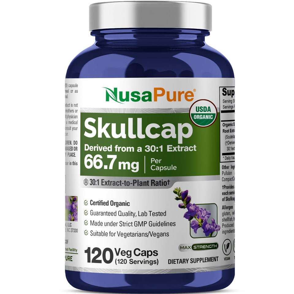 NusaPure Organic Skullcap Root Capsules bottle ready for daily use.