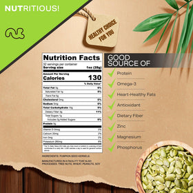 Nut Cravings bulk 32oz pepitas packaging, resealable bag keeps freshness.
