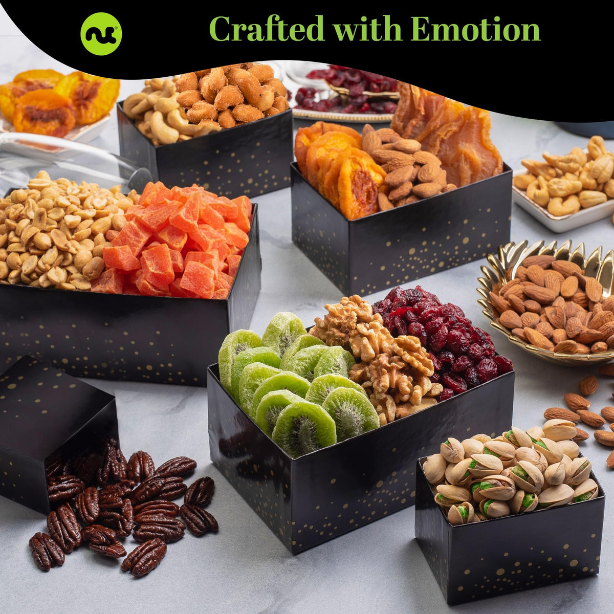 Nut Cravings black gold packaging tower exudes luxury for gifting.