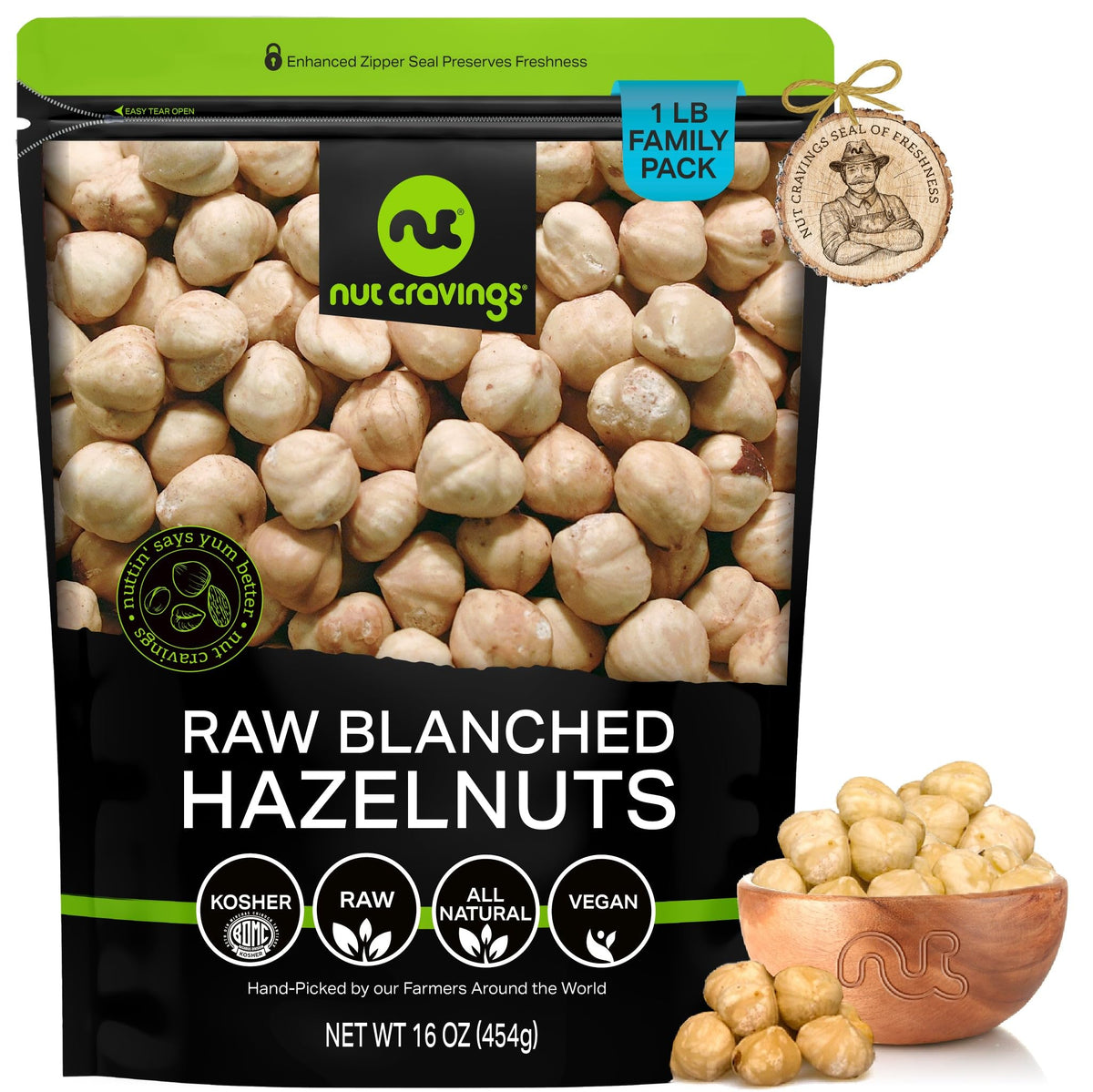 Nut Cravings blanched hazelnuts in a 16oz bag, ideal for snacking or baking.