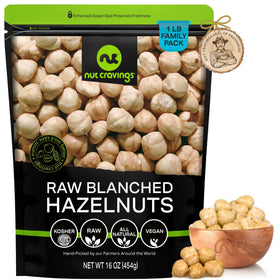 Nut Cravings blanched hazelnuts in a 16oz bag, ideal for snacking or baking.