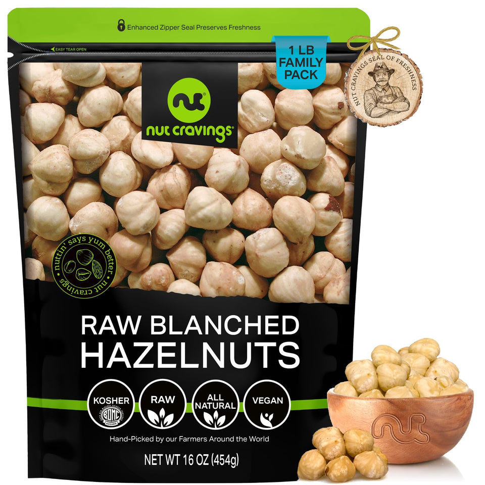 Nut Cravings blanched hazelnuts in a 16oz bag, ideal for snacking or baking.