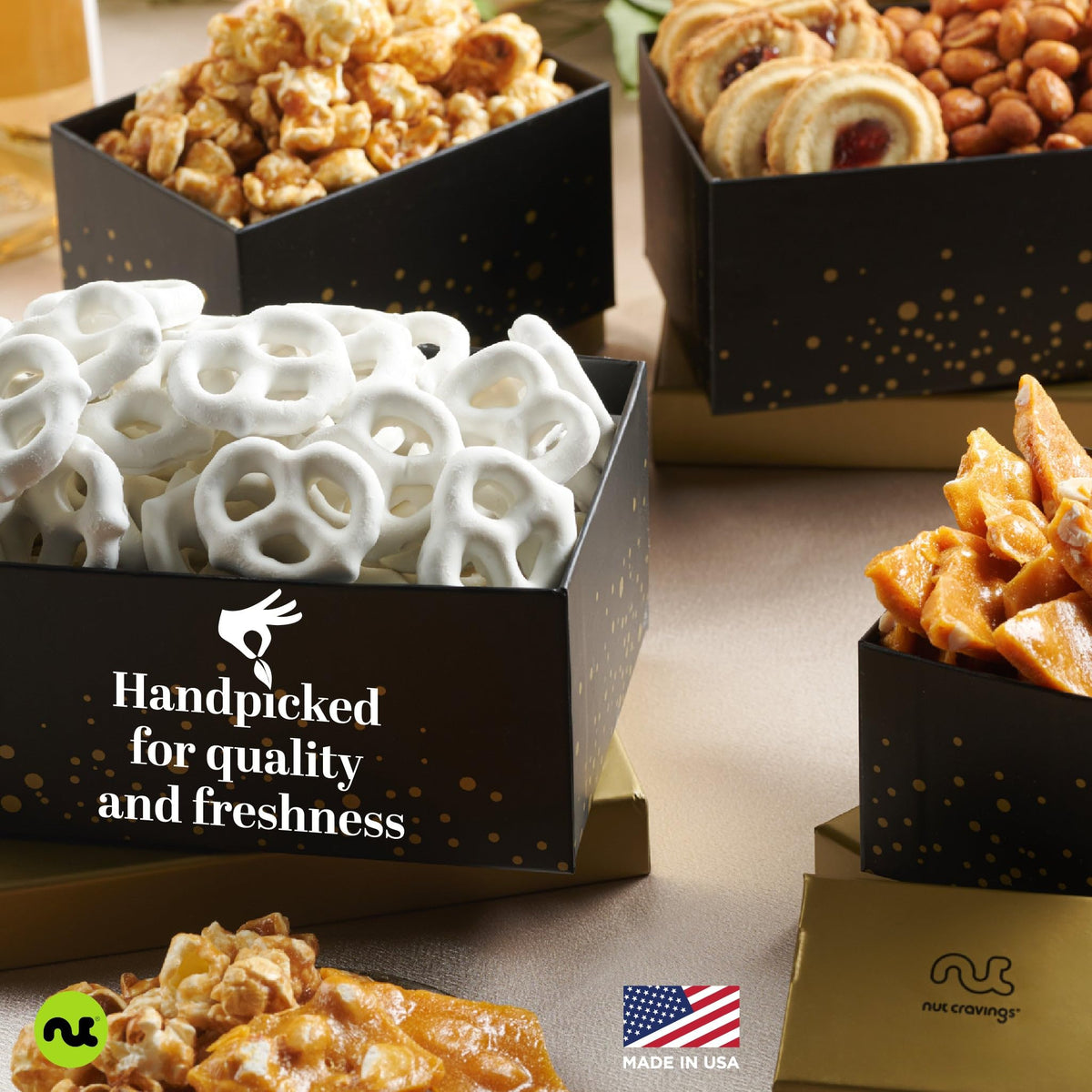 Nut Cravings assorted treats close-up highlighting variety within the gift tower.