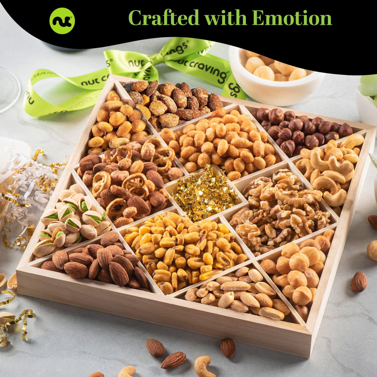 Nut Cravings diamond wood tray closeup highlighting premium presentation.