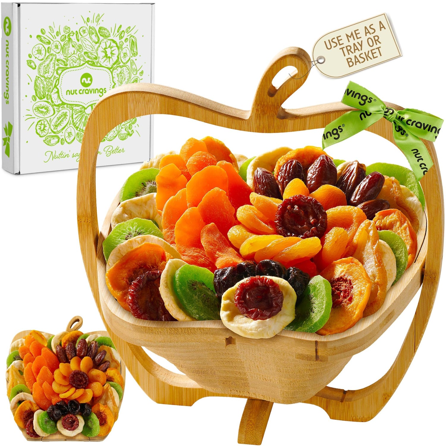 Nut Cravings dried fruit bouquet on wooden apple tray, gift-ready healthy snack.