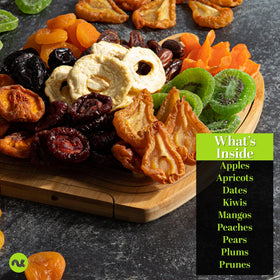 Nut Cravings pears and apricots arrangement shows colorful, textured fruit variety.