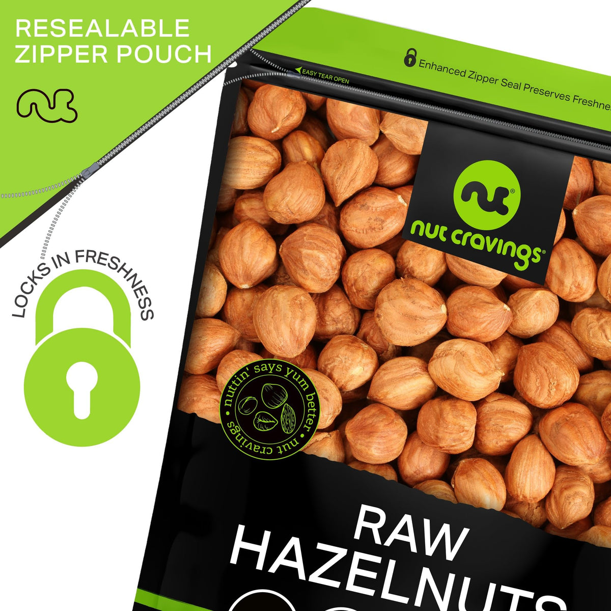 Nut Cravings fresh hazelnuts in packaging, ready to pour.