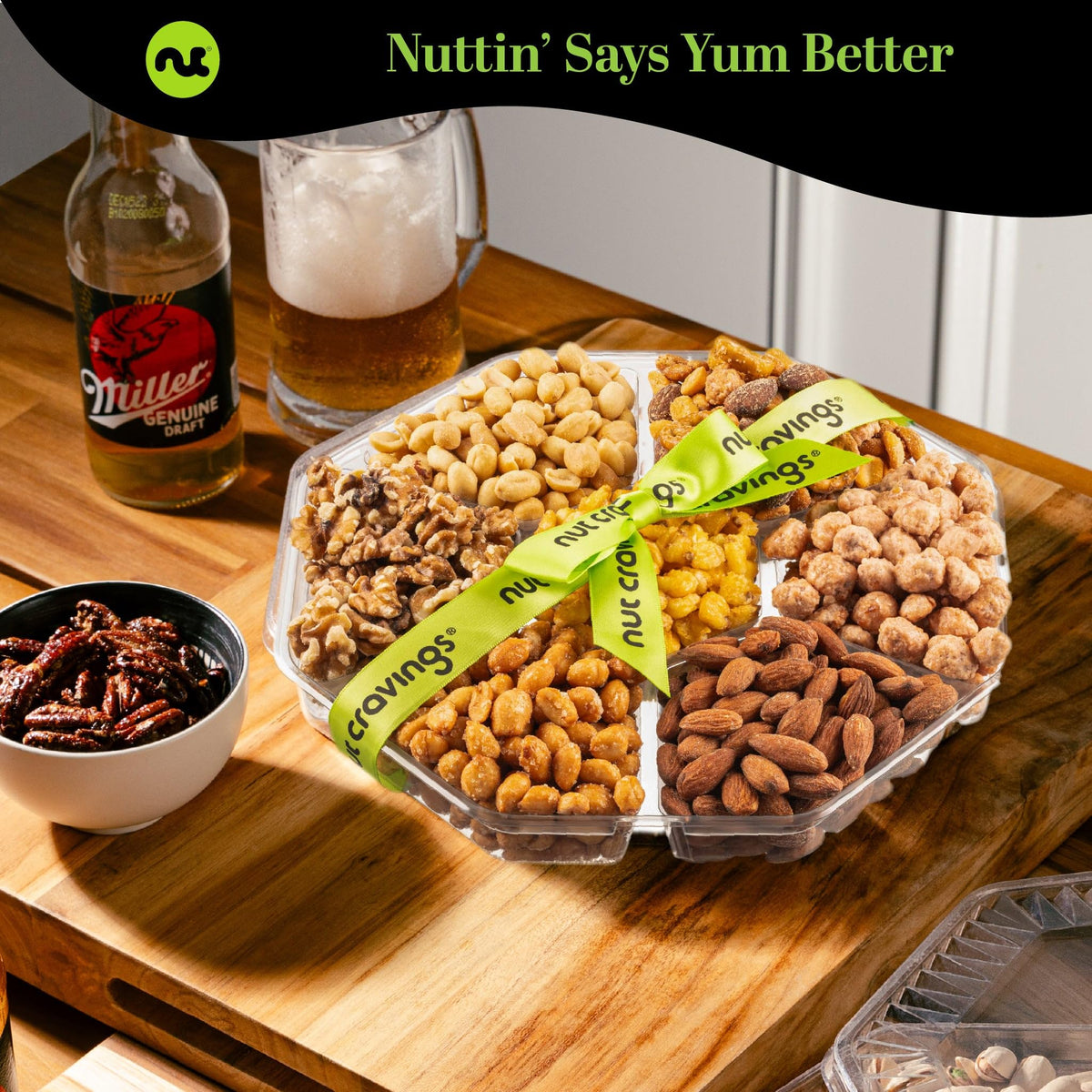 Nut Cravings green hexagon tray showcases snacks inside.