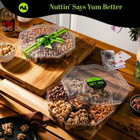 Nut Cravings green ribbon gift box on elegant hexagonal tray, ideal for sharing