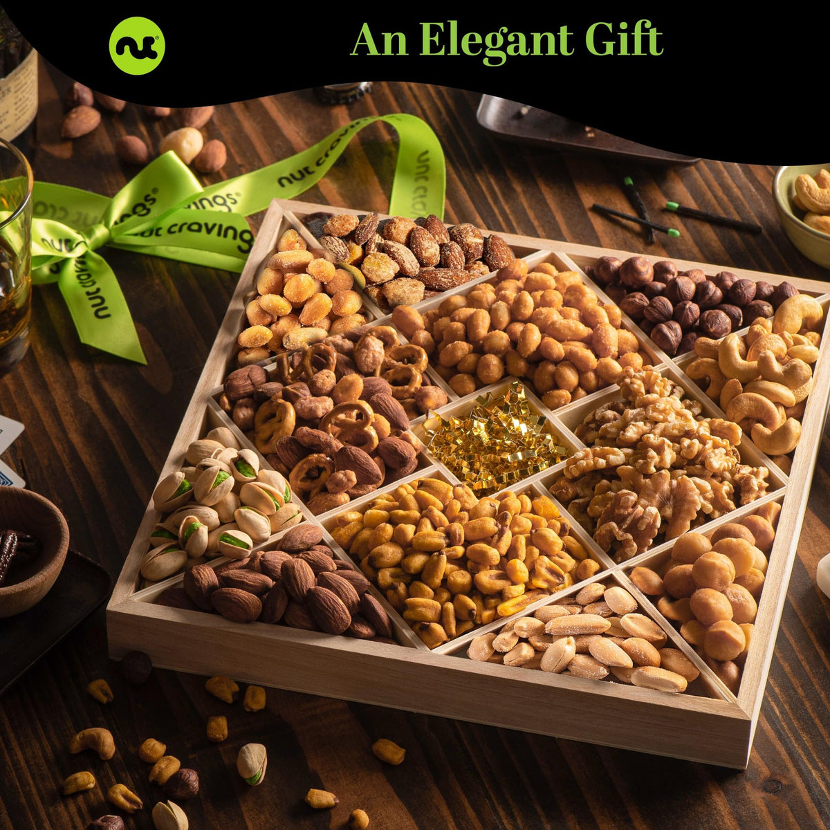 Nut Cravings green ribbon gift wrap accentuates festive gifting appeal.