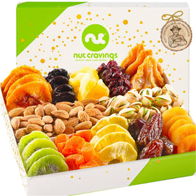Nut Cravings green and white gift box with 12 assortments, ideal for gifting.