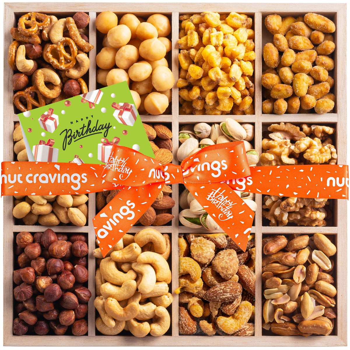 Nut Cravings Happy Birthday Nuts Tray: festive nuts in a reusable wooden tray for gifting