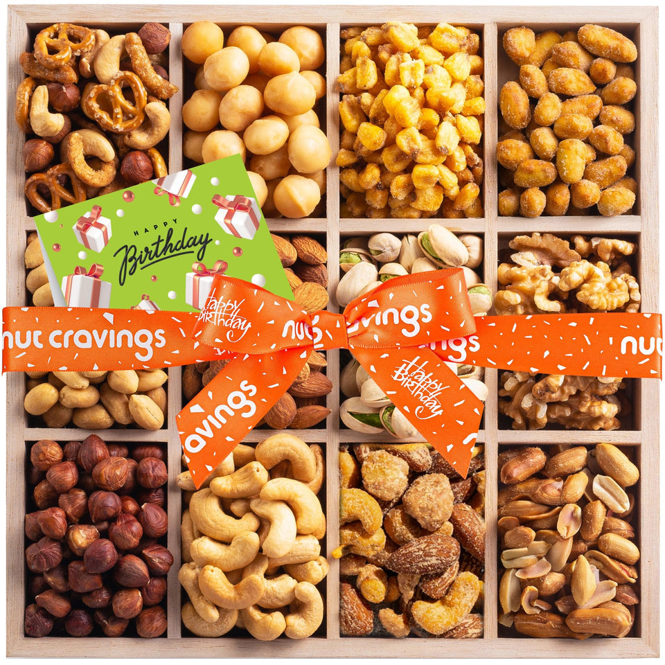 Nut Cravings Happy Birthday Nuts Tray: festive nuts in a reusable wooden tray for gifting
