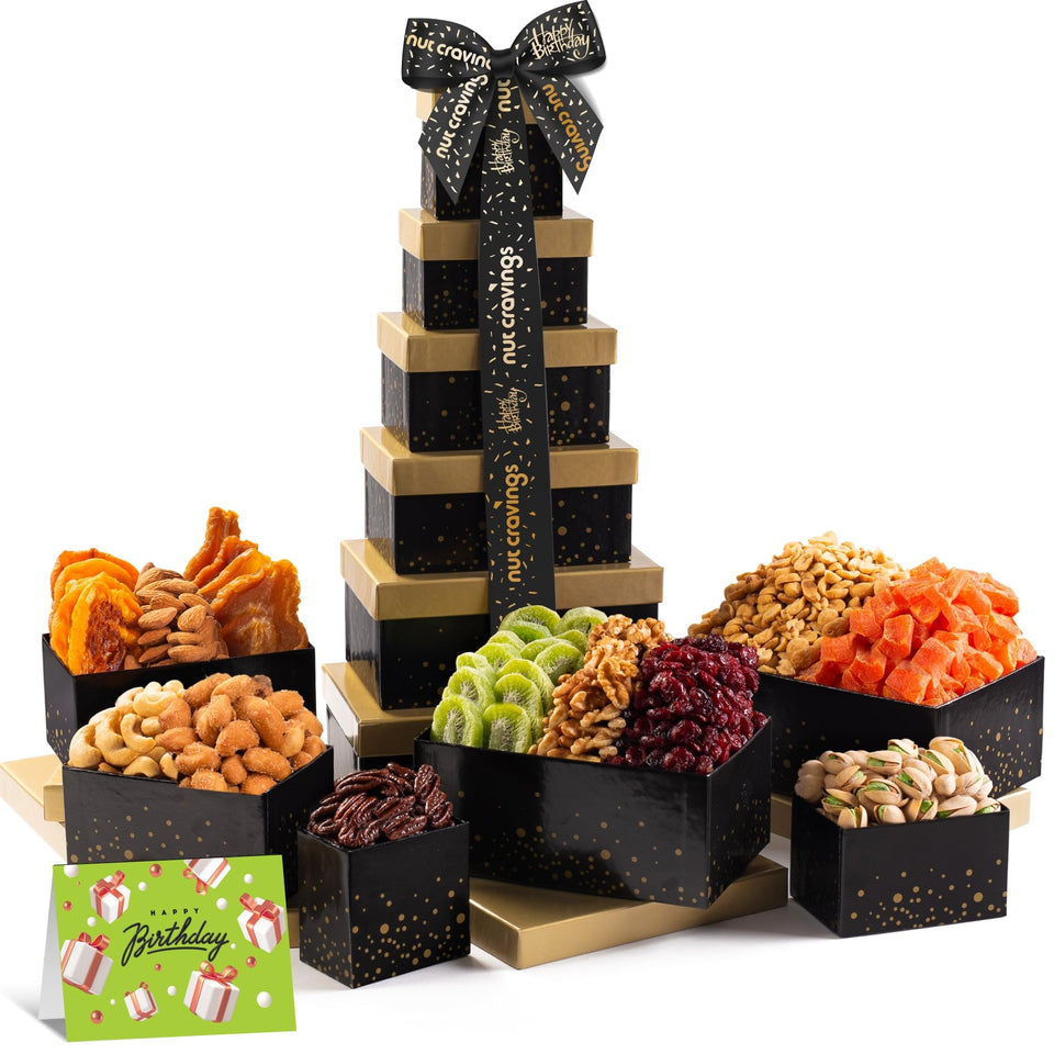 Nut Cravings Happy Birthday Tower with ribbon offers elegant gifting presentation.