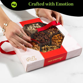 Nut Cravings hexagon tray with cover ready for sharing and gifting.