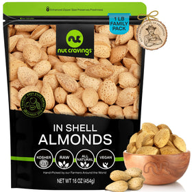 Nut Cravings in-shell almonds bag closeup, fresh and crunchy for snacking