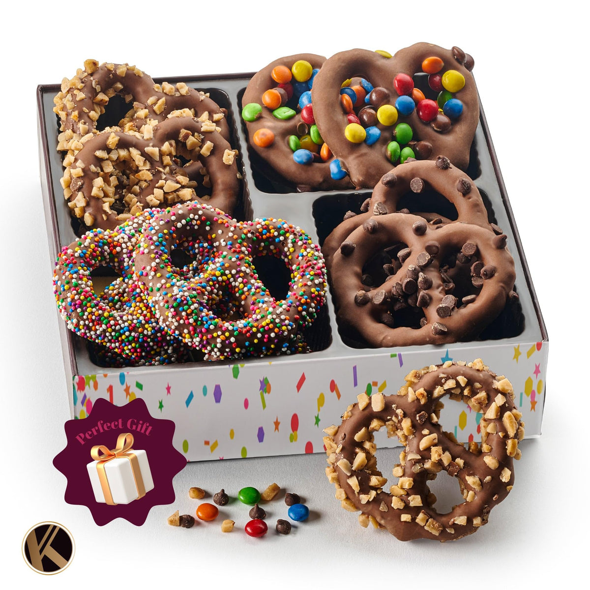 Kosher-certified label on premium pretzel treat box.