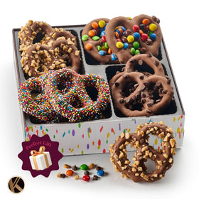 Kosher-certified label on premium pretzel treat box.