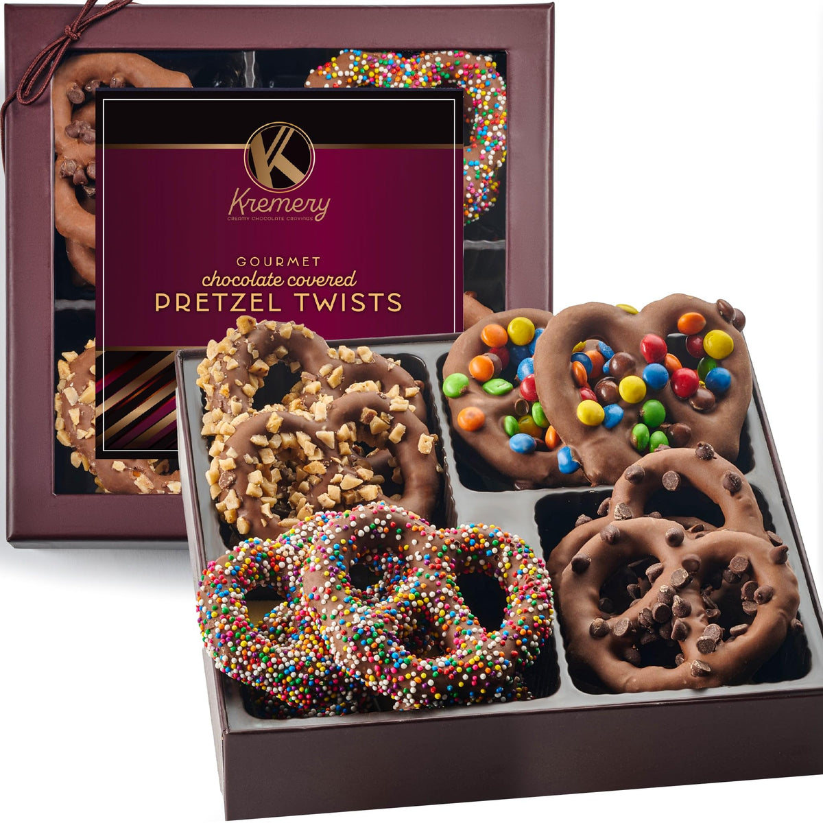 Nut Cravings KREMERY milk chocolate pretzel twists with toppings, shareable indulgence