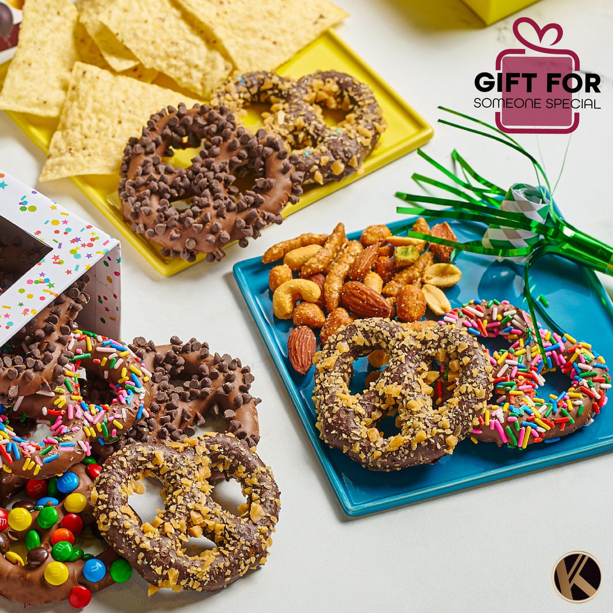 Nut Cravings KREMERY milk chocolate pretzels with colorful sprinkles for a festive snack.