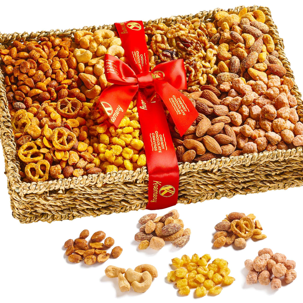 Nut Cravings KREMERY Mother's Day tray image showing elegant seagrass presentation for gifting