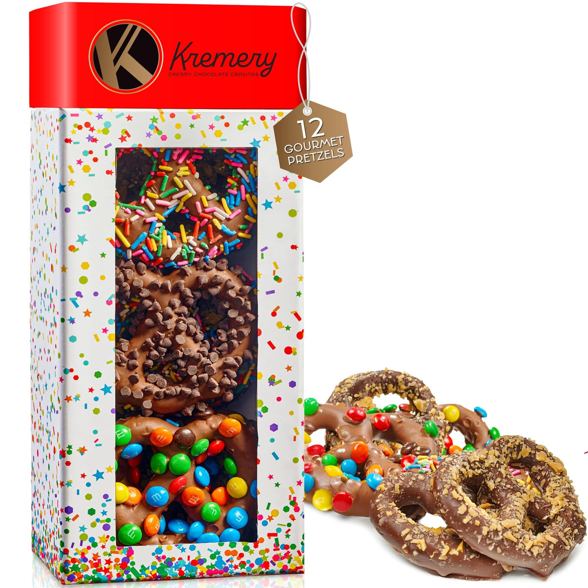Nut Cravings KREMERY pretzel twists confetti box: ideal for celebrations.