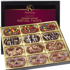Nut Cravings Kremery pretzel twists in milk, dark, and white coatings for a rich chocolate blend.