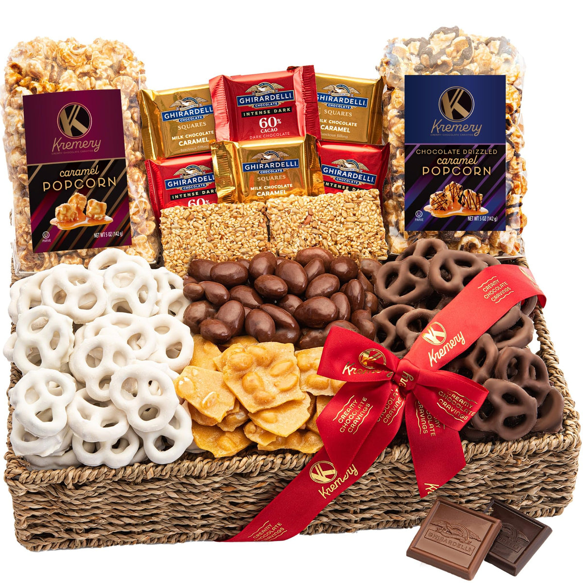 Nut Cravings Kremery seagrass basket with premium treats for gifting.