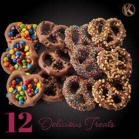 Kremery pretzel toppings close-up showcasing chocolate chips, confetti, and toffee.