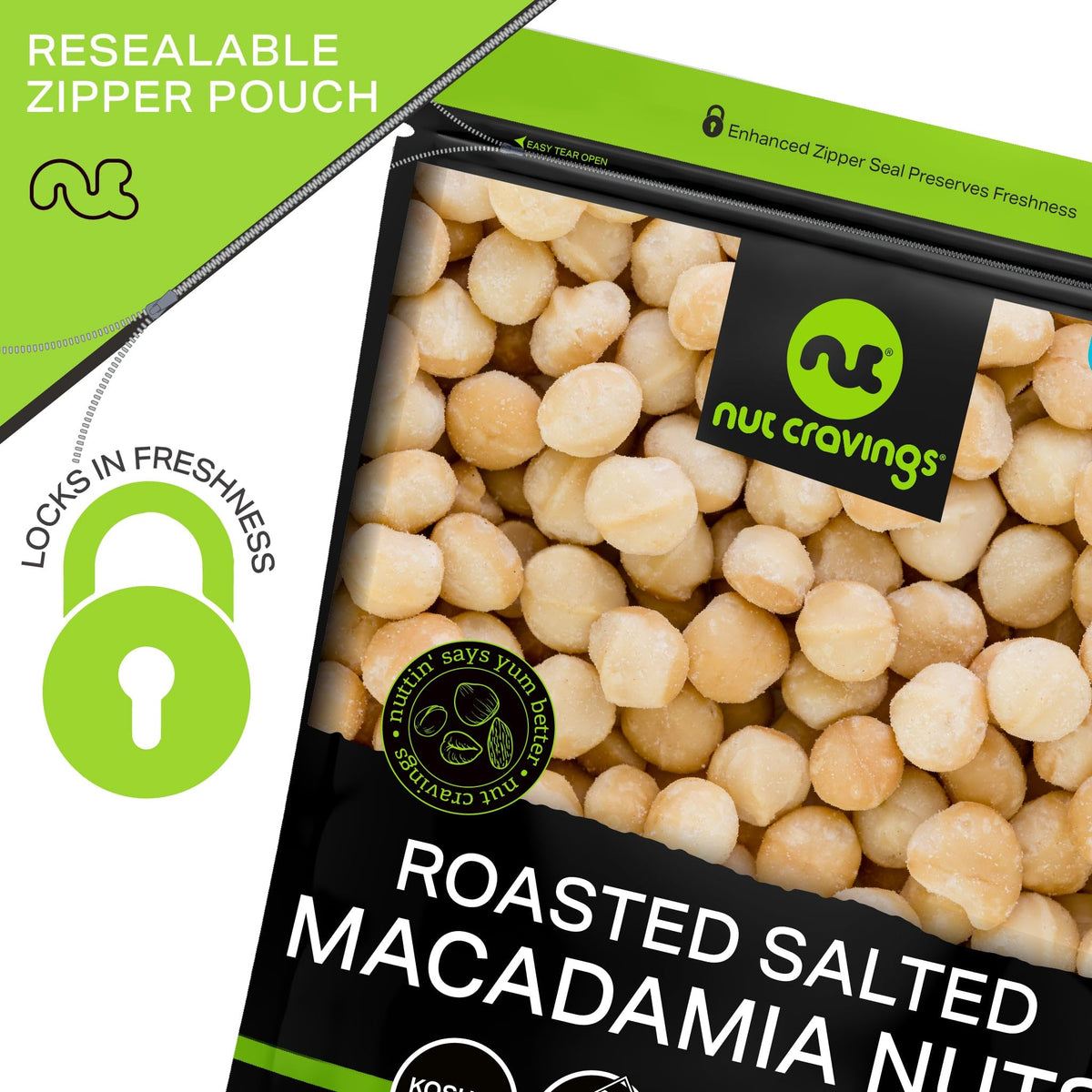 Nut Cravings macadamia farm fresh shot suggesting premium farm-to-bag quality