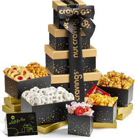 Nut Cravings Mother’s Day gift tower front view with elegant ribbon, ideal for gifting.