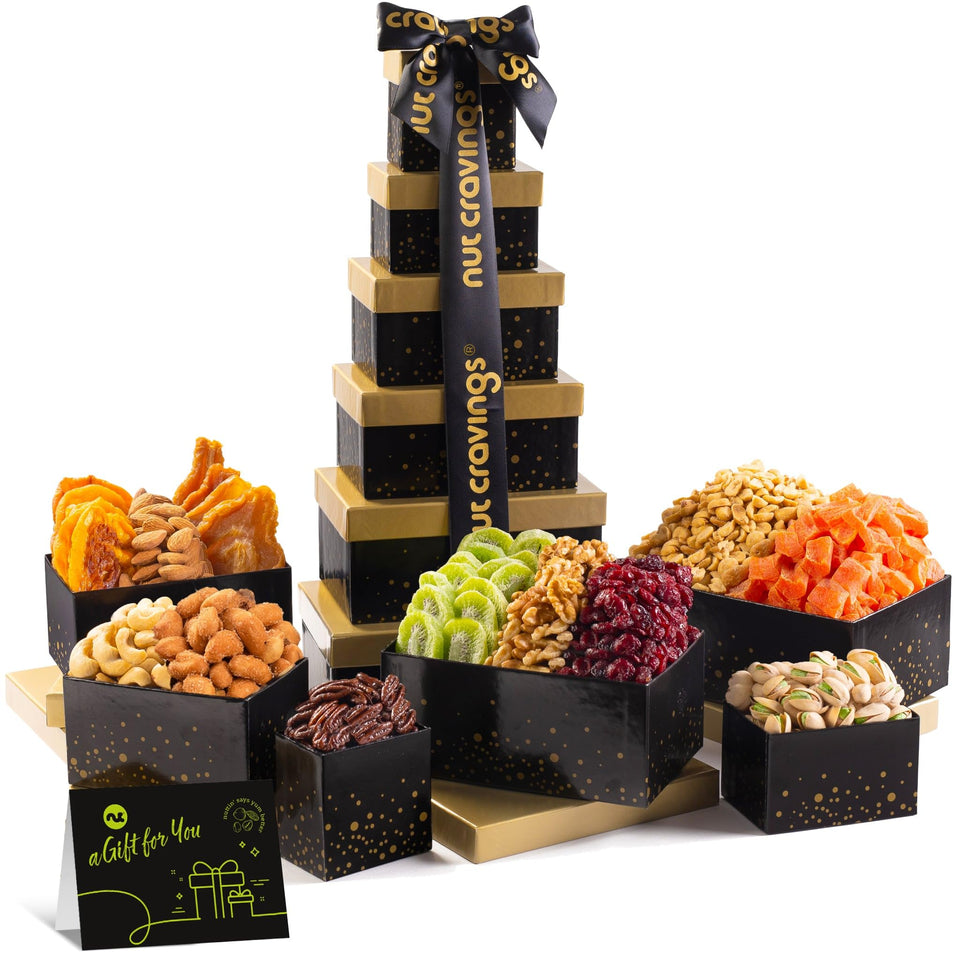 Nut Cravings Mothers Day tower closeup highlights premium nuts and dried fruits, perfect gift idea.