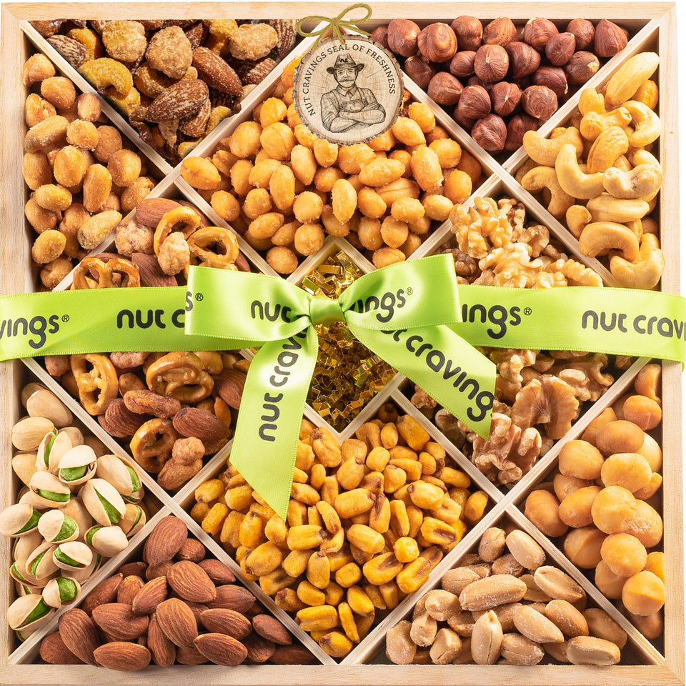 Nut Cravings Mothers Day tray full view showcasing a 12-nuts assortment ready to gift.