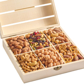 Nut Cravings Mothers Day tray in a wooden crate ready for sharing.