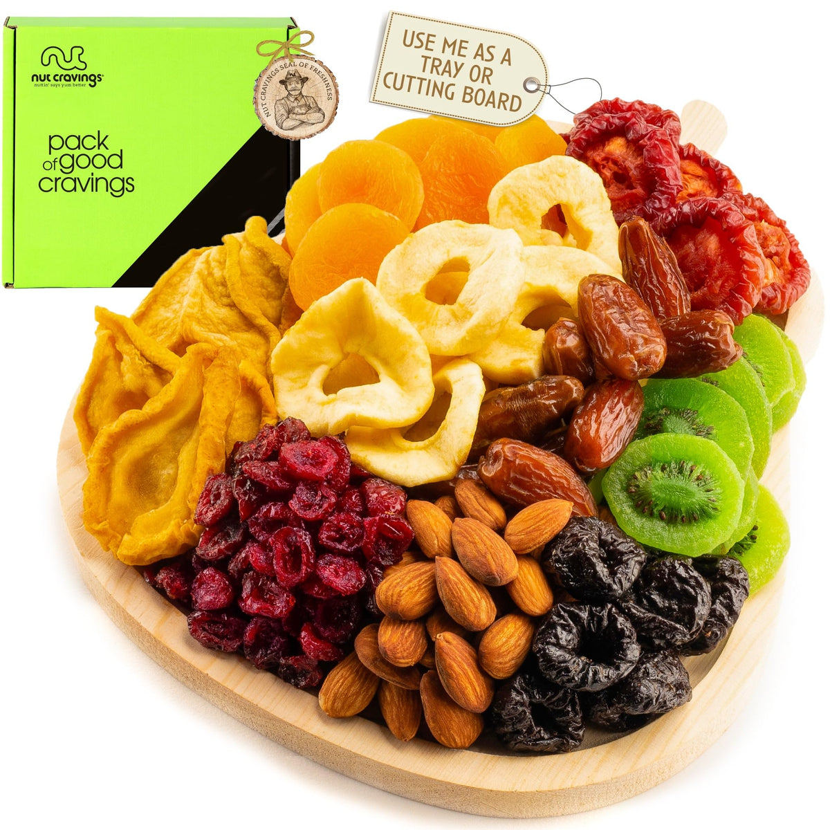 Nut Cravings pear-shaped tray with almonds and dried fruits for a healthy snack.