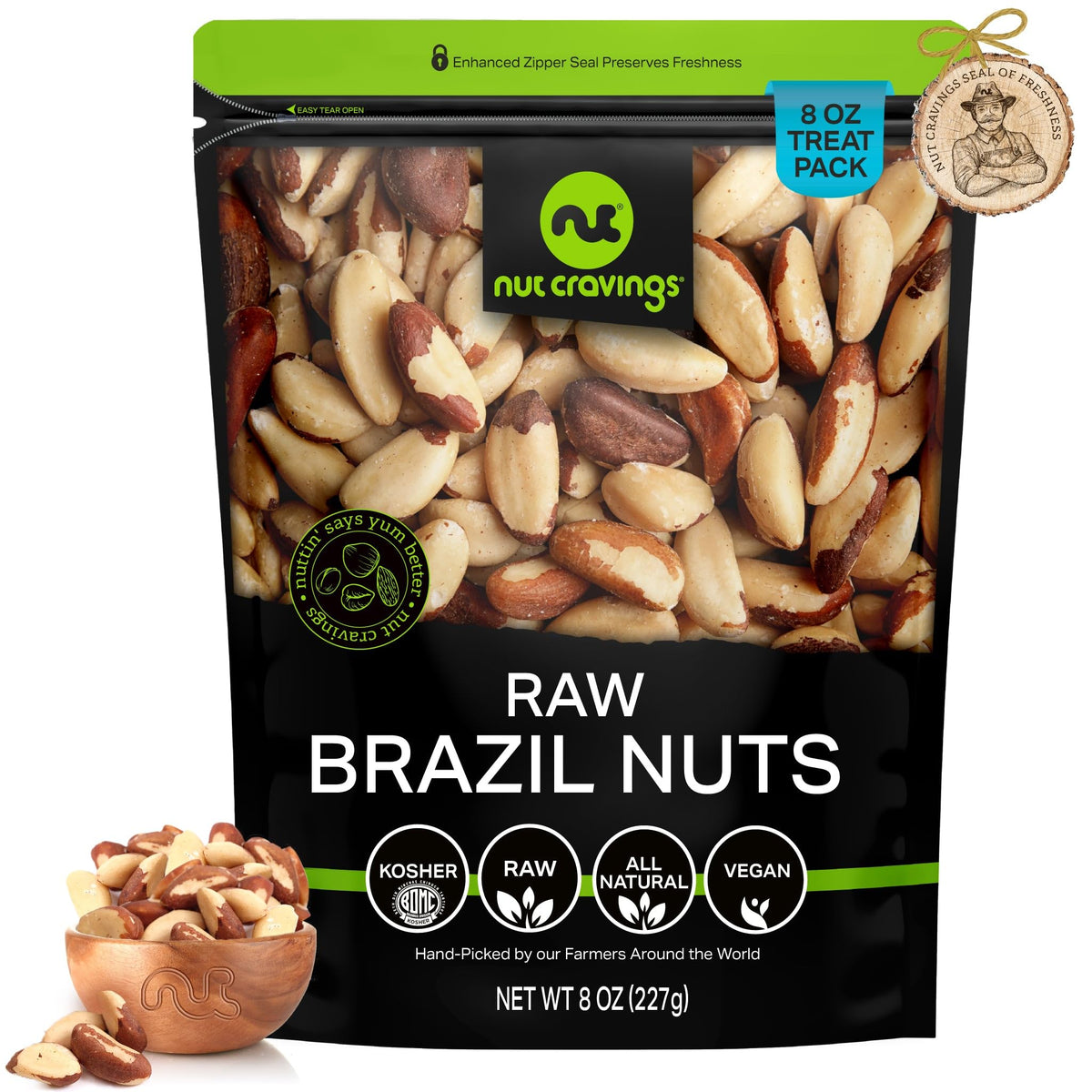 Nut Cravings raw Brazil nuts in 8oz bag, ideal for healthy snacking and freshness.
