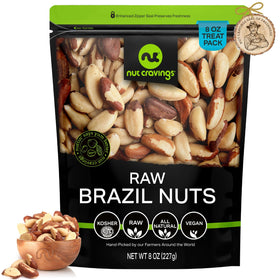 Nut Cravings raw Brazil nuts in 8oz bag, ideal for healthy snacking and freshness.