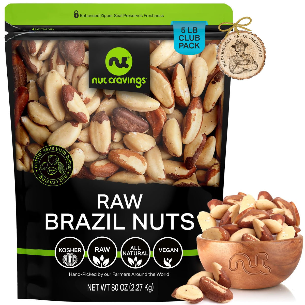 Nut Cravings raw Brazil nuts, unsalted and no shell in a bulk 80oz package.