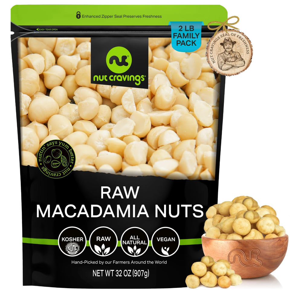 Nut Cravings raw macadamia nuts unsalted in a resealable bag for fresh snacking.
