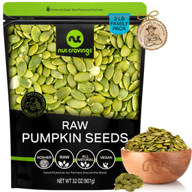 Nut Cravings raw pumpkin seeds pepitas in bag closeup, ideal snackable crunch.