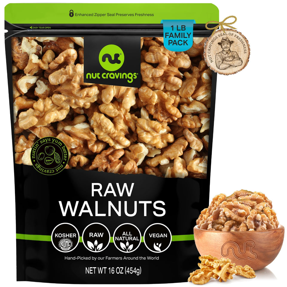 Nut Cravings raw walnuts halves in bag for snacking and baking