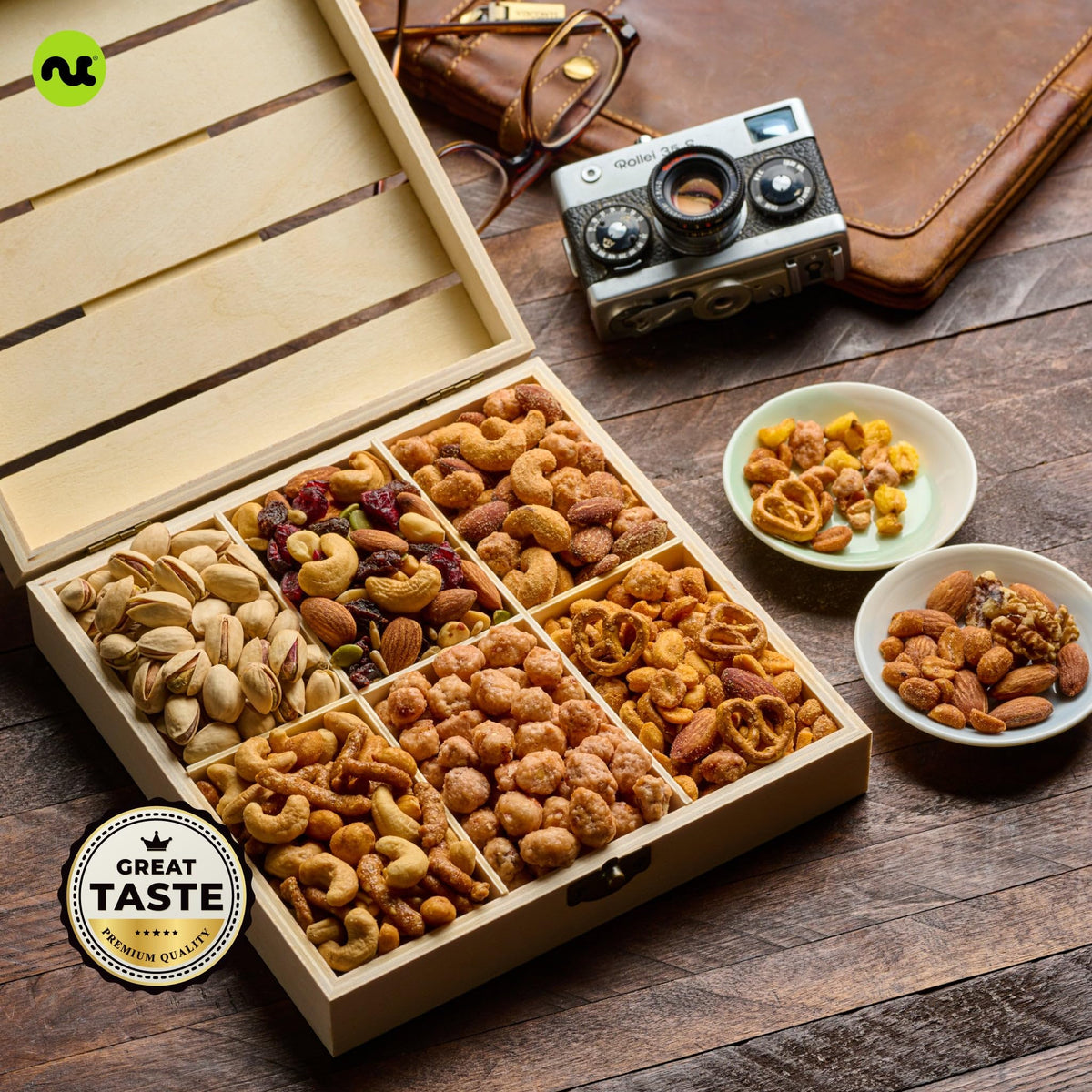 Nut Cravings reusable wooden crate offers an eco-friendly gifting option.